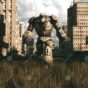Un robot viejo que camina en ciudad abandonada