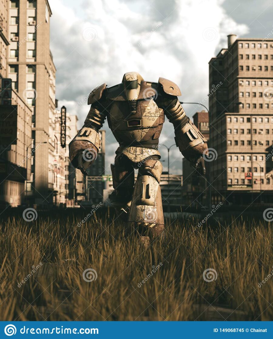 Un robot viejo que camina en ciudad abandonada