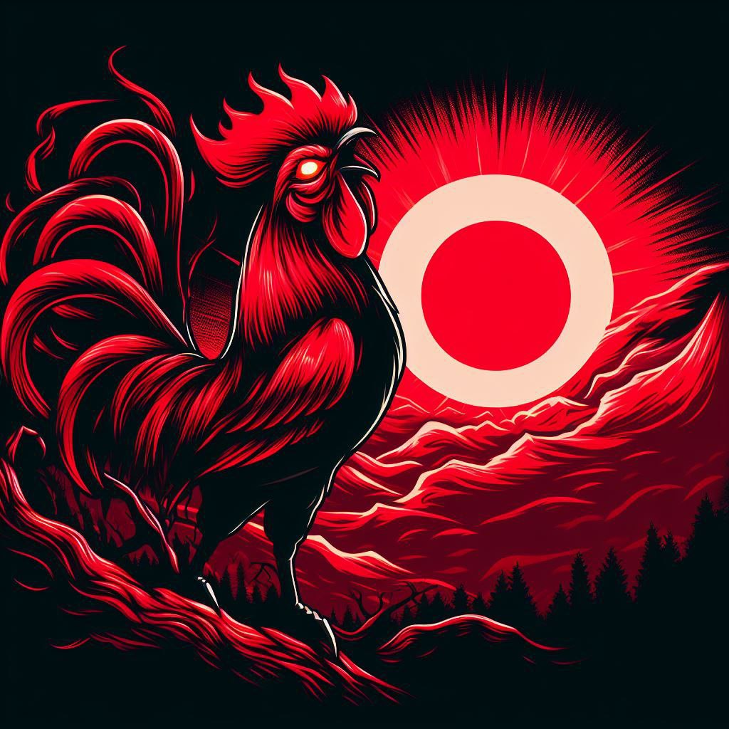 Dibujo de un gallo rojo posado sobre un arbol con un sol rojo y un arbol seco mientras canta
