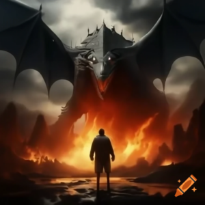 A lone figure stands with their back to the viewer, gazing at a fiery landscape where a fallen dragon lies amidst the flames, its wings broken and scattered