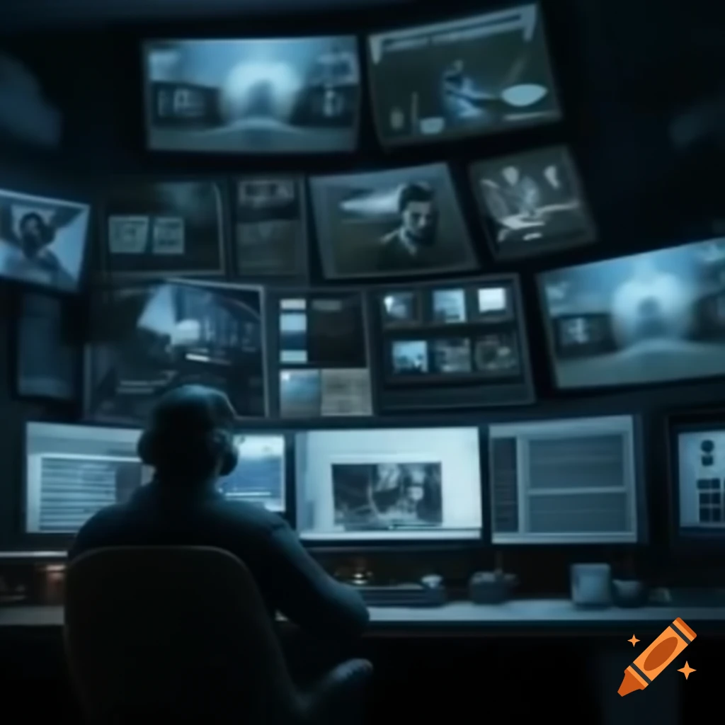 guardia en sala de vigilancia con pantallas de circuito cerrado. Generado por IA en Craiyon