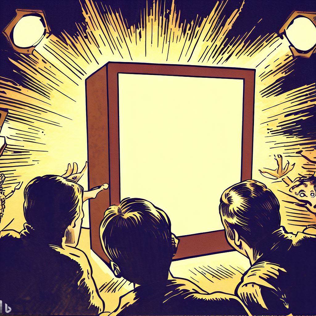 Imagen generada con Bing con el promp: un dibujo de estilo comic de los 70 con un cuadro en blanco, iluminado por dos reflectores y un hombre de espaldas mirándolo y retrocediendo asustado y algunas personas alrededor también de espaldas