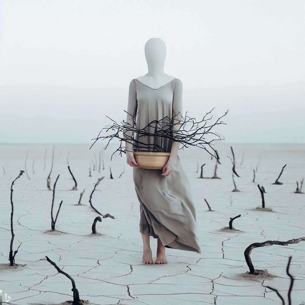 Imagen generada por inteligencia artificial mostrando un paisaje desertico lleno de brotes marchitos y una mujer sin rostro cargando una vasija que contiene un arbusto marchito
