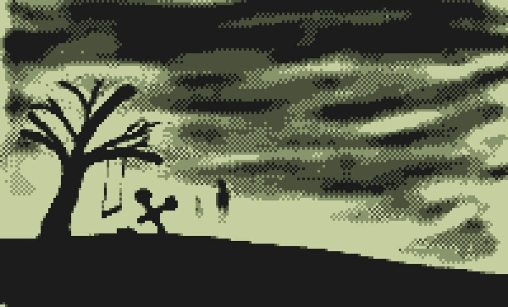 Dibujo en 8 bits con la paleta de colores del game boy original en el que se puede ver un día nublado y un árbol seco del que cuelga un columpio y cerca del mismo, hay una tumba rota y dos fantasmas casi difusos