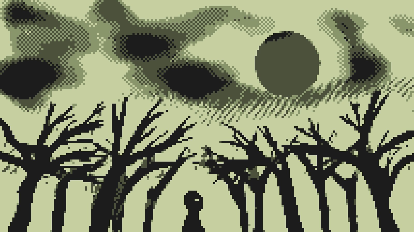 Esta imagen la creé hace tiempo. tambien en estilo pixel art con la paleta de colores de la game boy original. No he encontrado el relato asociado, pero la imagen describía a una persona observando al cielo nublado, adornado por una luna llena y roja, del que llovía sangre y regaba unos arboles secos y marchitos cuyo unico fruto eran pañuelos saturados de sangre y dolor.